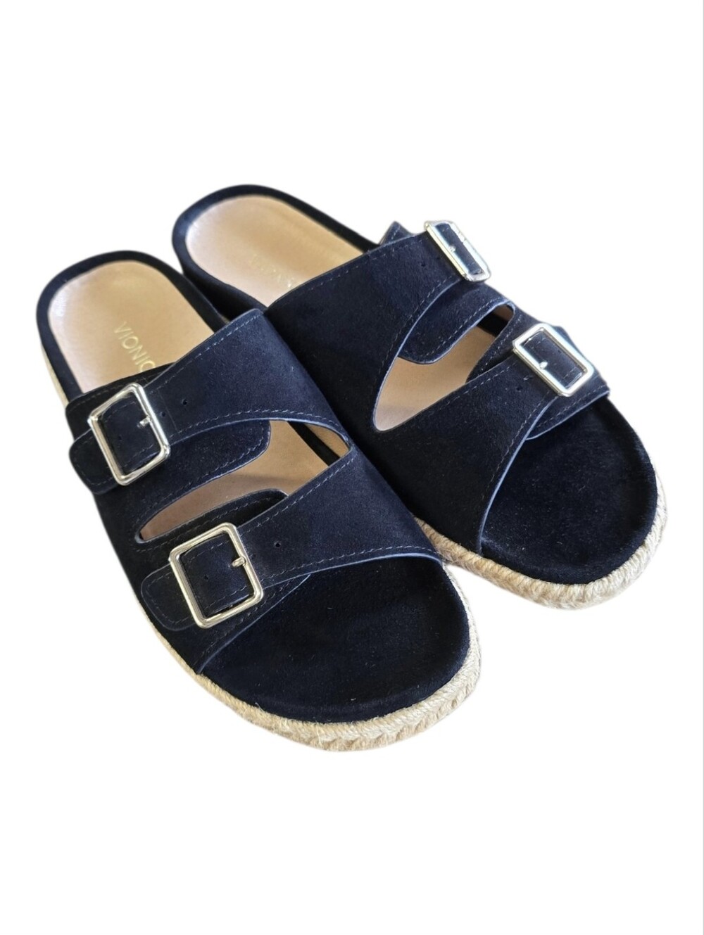​Vionic Gia Black Suede Double Buckle Espadrille Slide Sandal
